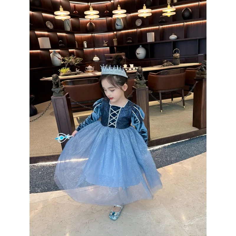 

Girls' Autumn New Ice and Snow Long Sleeve Princess Elsa Mesh Children's Dress Luminous Skirt