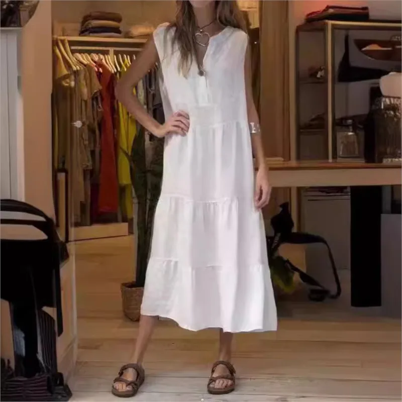 

Summer Ruffles Splic Long Shirt Dresses For Women 2024 Summer Sleeveless V-neck White Casual Loose Dress Vacation Sundress Robe