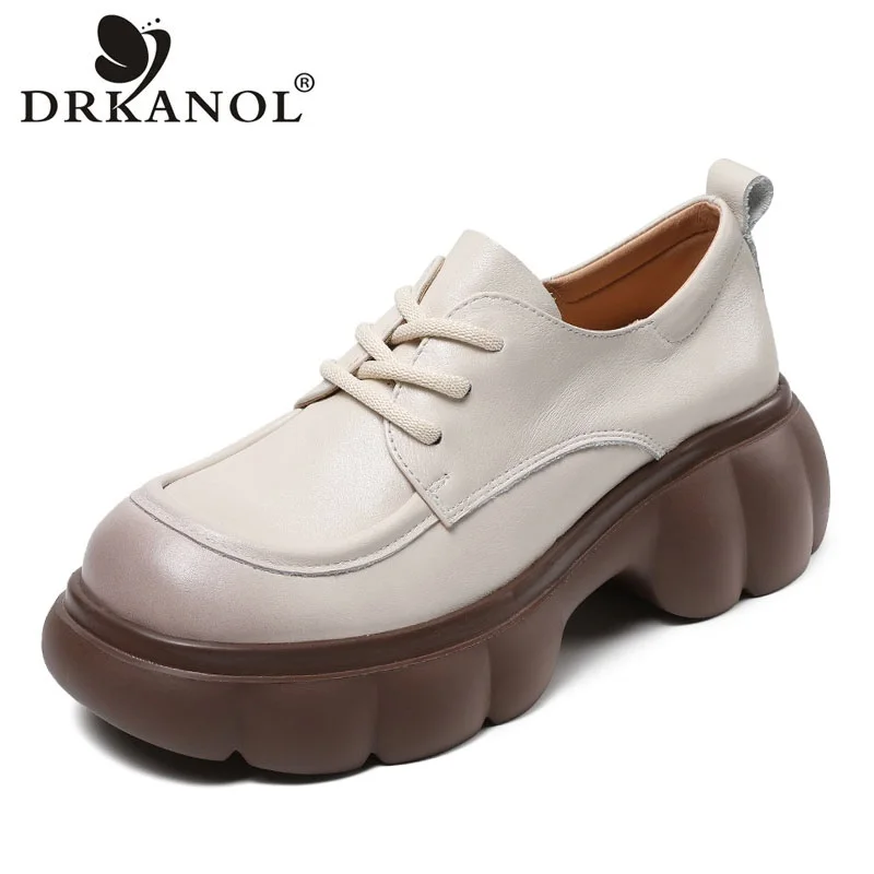 

DRKANOL 2024 Fashion Women Chunky Platform Shoes Spring Round Toe Thick High Heel Genuine Cow Leather British Style Casual Shoes