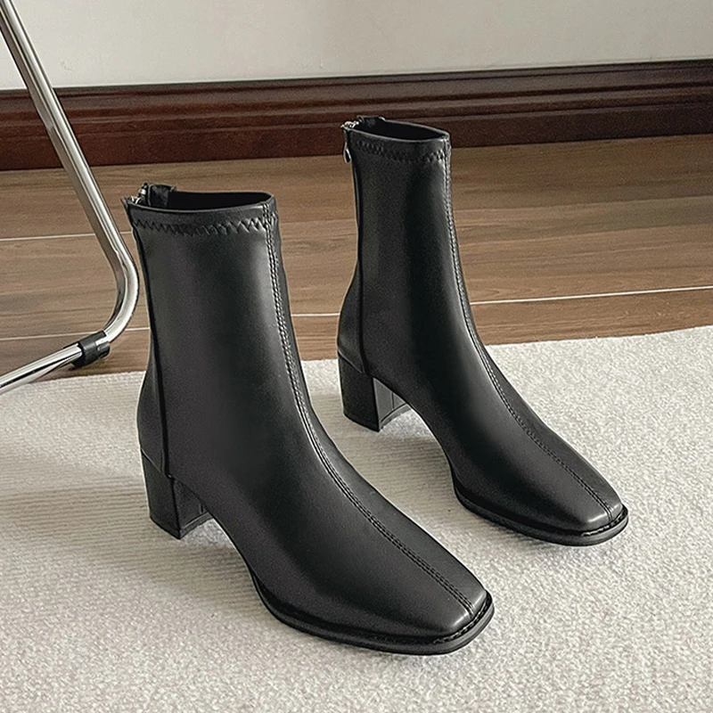 

Женские ботильоны челси с квадратным носком, зимняя обувь на высоком каблуке, новинка 2024, дизайнерские массивные ботинки в стиле панк, элегантные туфли-лодочки, женские ботинки на молнии