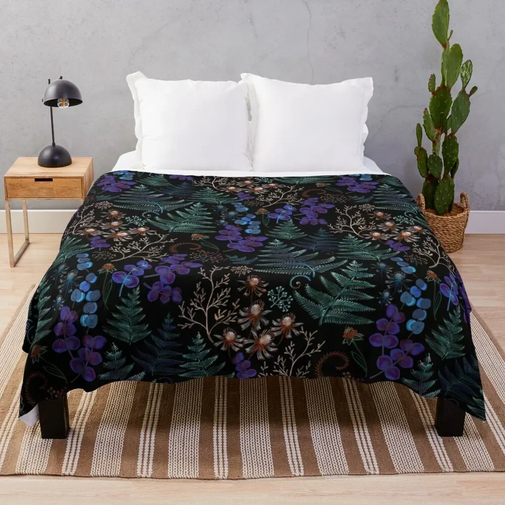 

Moody Florals with Fern Leaves on Black Throw Blanket Multi-Purpose Soft Plush Plaid Blankets