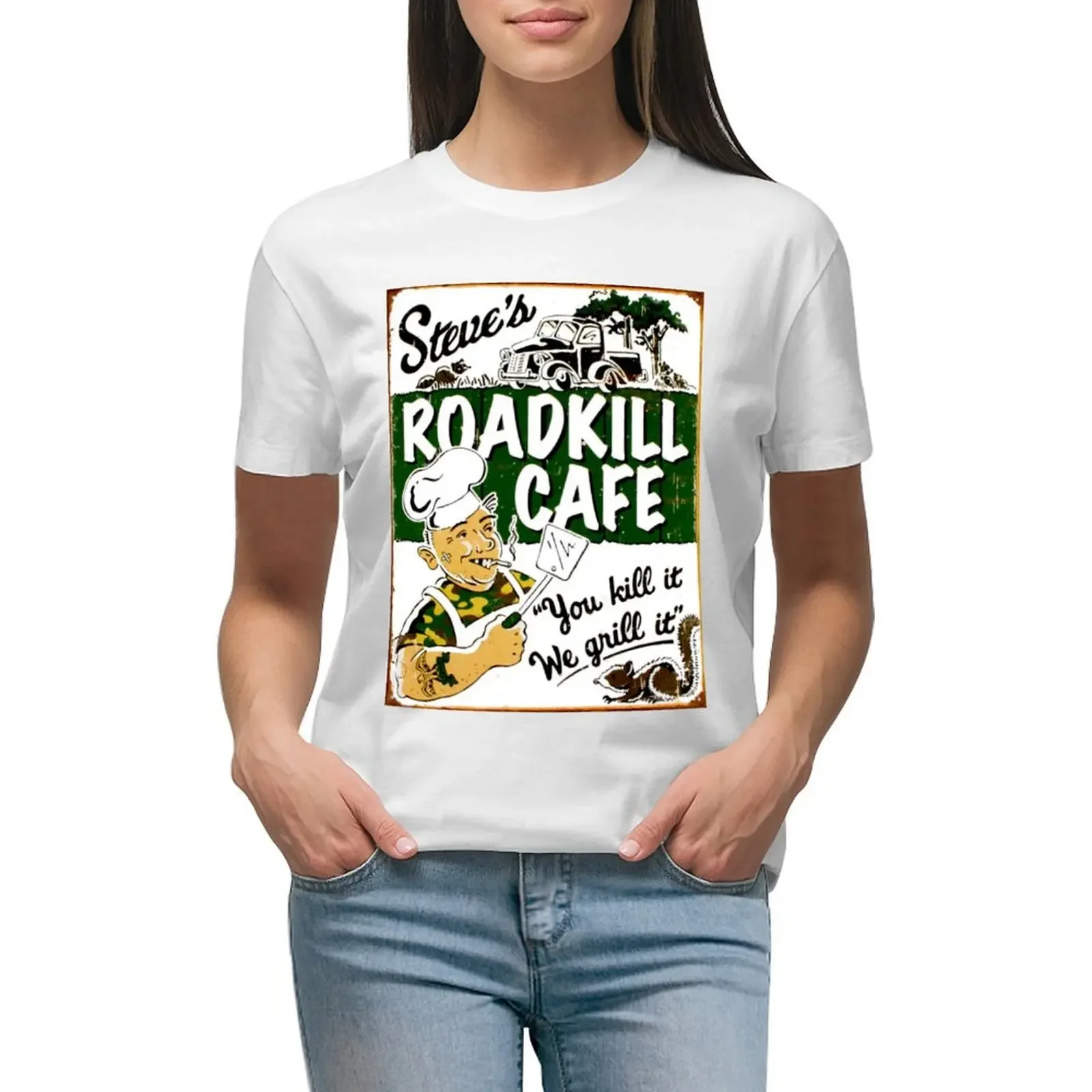 STEVES ROADKILL CAFE; Vintage Advertising Restaurant Print T-shirt Female clothing hippie clothes funny t shirts for Women
STEVES ROADKILL CAFE; Vintage Advertising Restaurant Print T-shirt Female clothing hippie clothes funny t shirts for Women