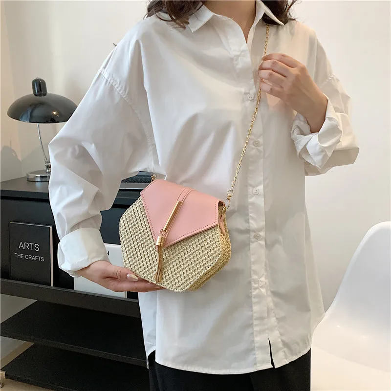 Hexagon Straw & Leather Handbag - Bohemian Woven Beach Shoulder Bag 5 S8bfa7653909d4c26889976a5db0003f78