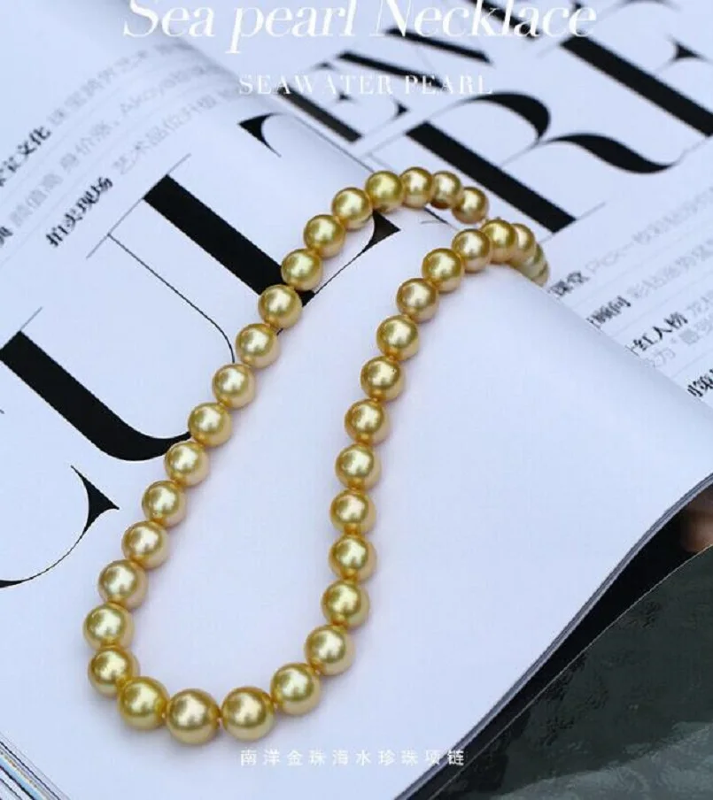 

20 inch giant AAA 10-11mm genuine natural South China Sea gold pearl necklace with 14K gold clasp