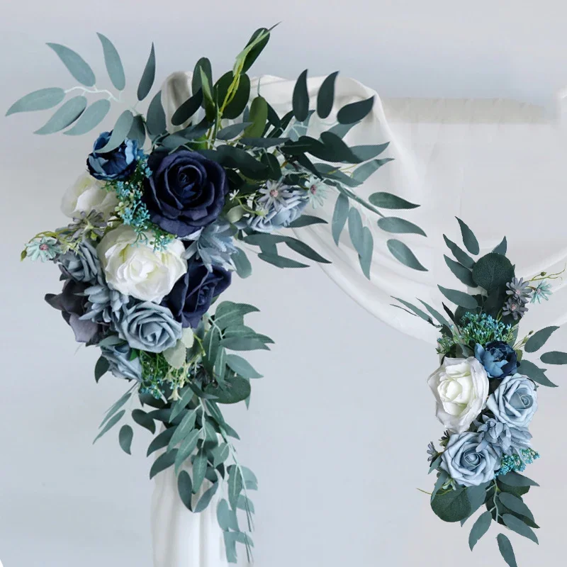 

2pcs Set Blue Wedding Arch Backdrop Decor Welcome Sign Artificial Rose Corner Flowers Wall Hanging Flower Row Arrangement Party