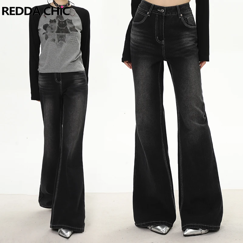 

REDDACHiC White Seam Women Flare Jeans Distressed Black Low Rise Bell Bottoms Harajuku Grayu Bootcut Pants Retro Y2k Streetwear