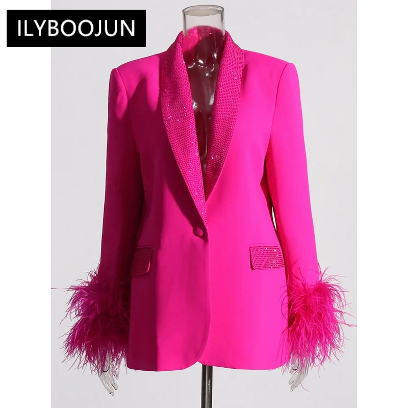 

Temperament Loose Blazers For Women Shawl Collar Long Sleeve Spliced Feather Chic Blazer Female Fashion Clothing For Women 2023