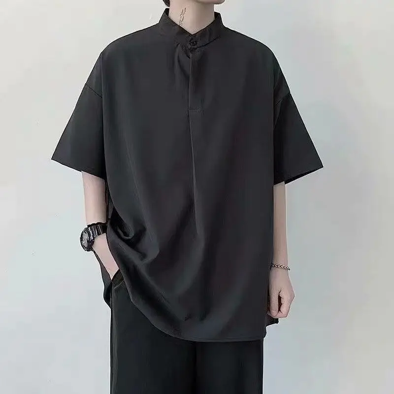 

Рубашка-поло мужская с коротким рукавом, винтажная блузка свободного покроя, однотонная шелковая модная трендовая одежда, черный цвет, на лето