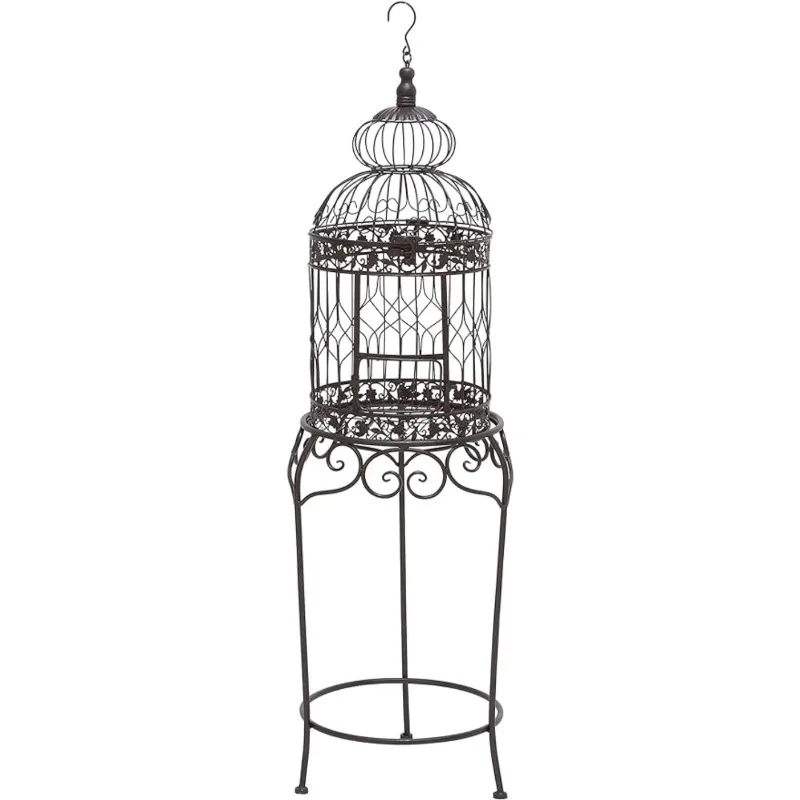 

Metal Abstract Birdcage with Latch Lock Closure and Top Hook, 14" x 14" x 47", Black