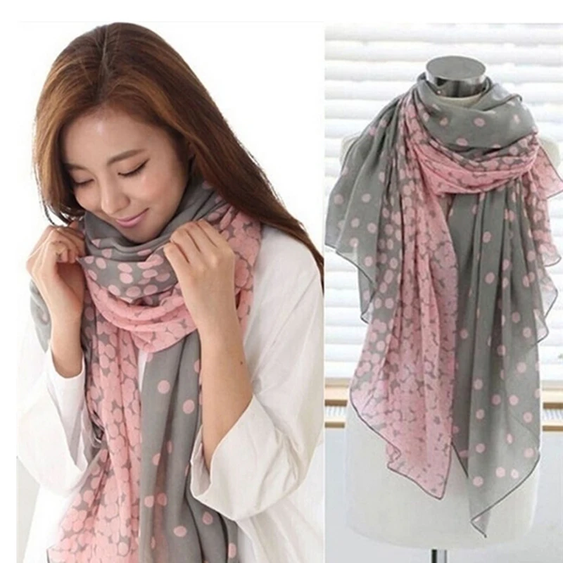 

Hot Sale Women Scarf Autumn Warm Soft Long Voile Neck Large Wrap Shawl Stole Pink Grey Dots Scarve 166*60cm