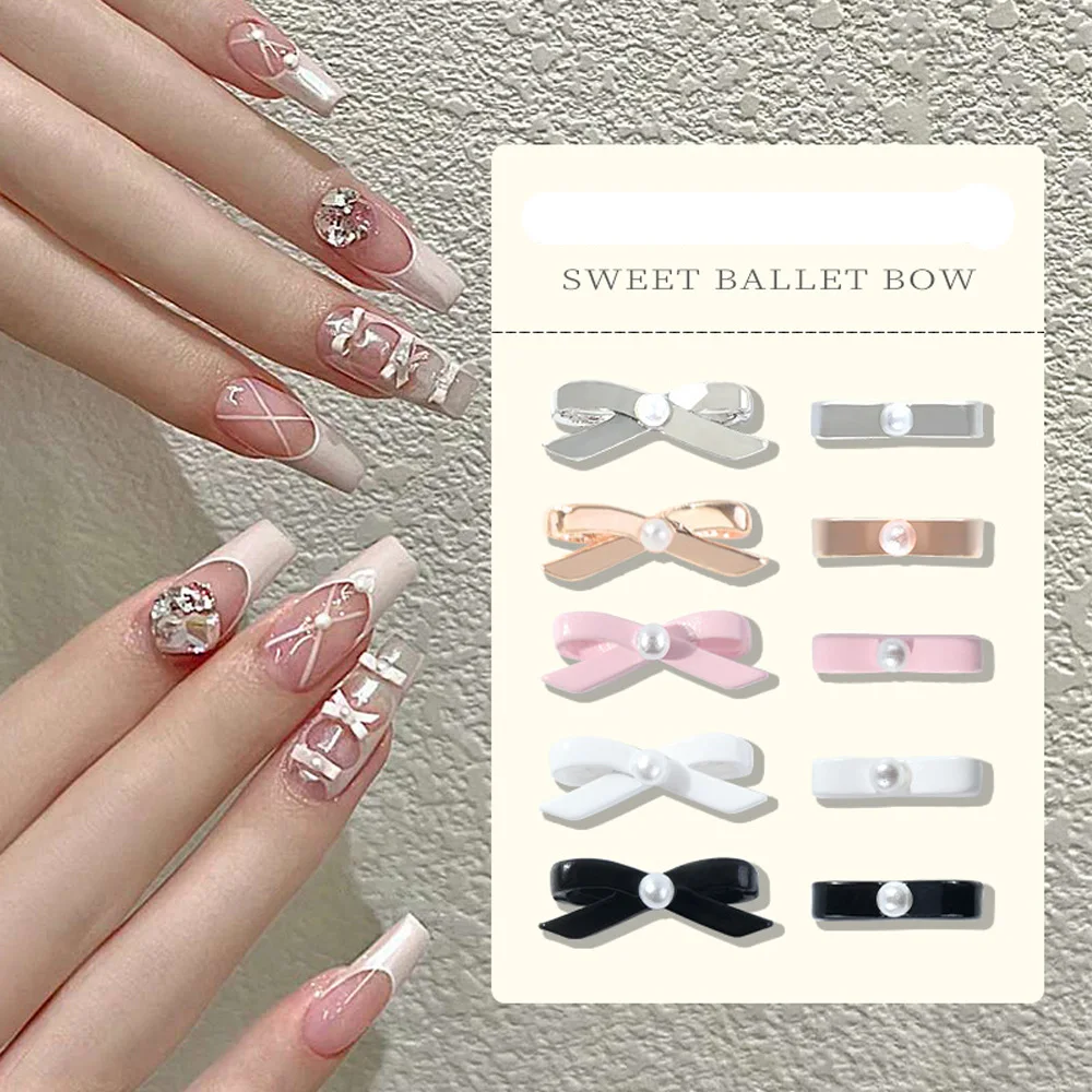 

10pcs Pink Ballet Ribbon Nail Charm 3D Pearl Ballerina Girl Alloy Bows Ribbon Nail Decor Parts DIY French Fashion Nail Art Parts