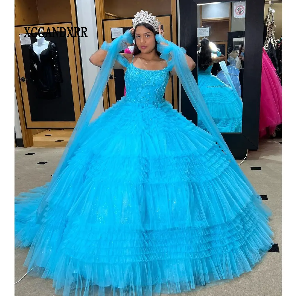

Blue Spaghetti Quinceanera Dresses Blue Grils Sweet 15 16 Birthday Party Gown 2024 Off Shoulder Sweetheart Backless Beading Miss