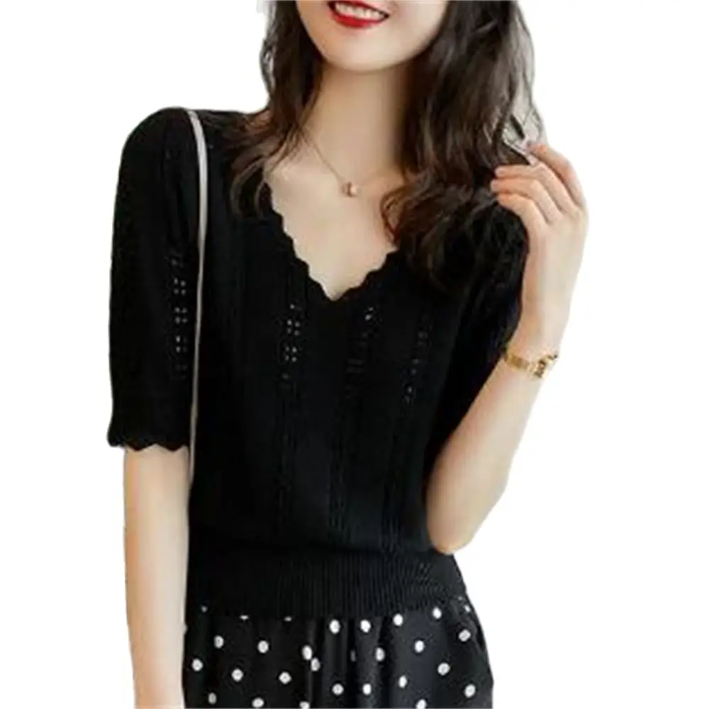 Women's Hollow Out V-Neck Knitted Blouse Pullover Top Short Sleeve Knit Shirt Female Top 2024
Women's Hollow Out V-Neck Knitted Blouse Pullover Top Short Sleeve Knit Shirt Female Top 2024