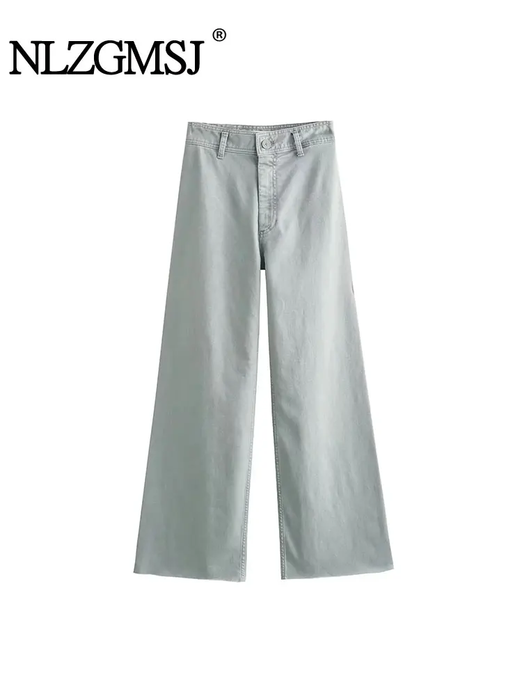 

Nlzgmsj TRAF 2023 New Fashion Elastic High Waist Solid Straight Leg Naval style Vintage Zipper Pocket Make Old Pants
