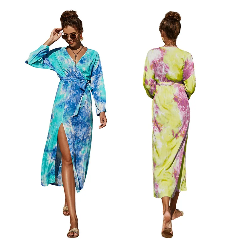 

DEARIRIS Summer High-waisted Lace-up V-neck Tie-dye Long Sleeve Slim Slit Dress