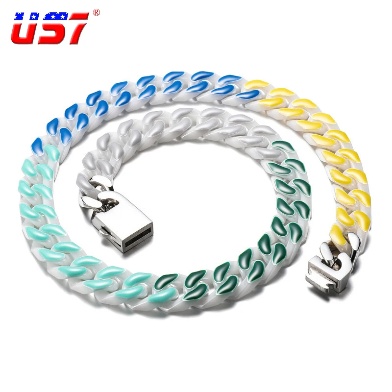

Кубинская керамическая цепочка US7, многоцветная цепь из нержавеющей стали 12 мм, ожерелье в стиле хип-хоп для мужчин и женщин, ювелирные изделия