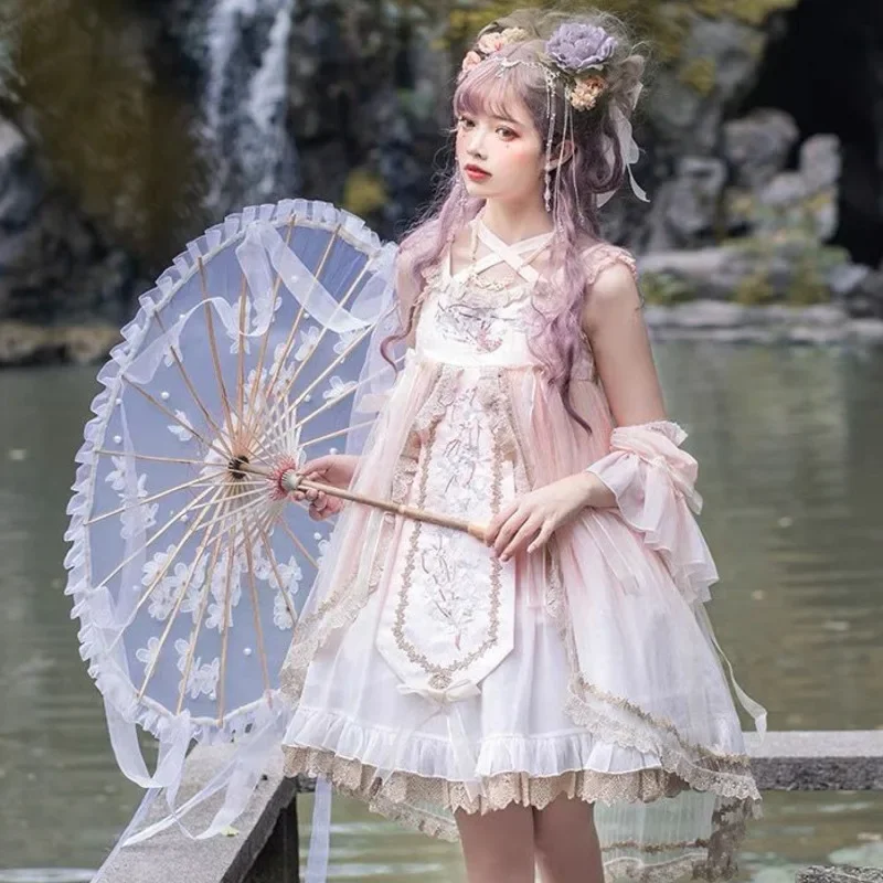 

Luxi Peach Blossom Rhyme Chinese Style Han Element Pink Jsk Sling Dress Sweet Lolita Skirt Pink Dresses Lolita Bunny