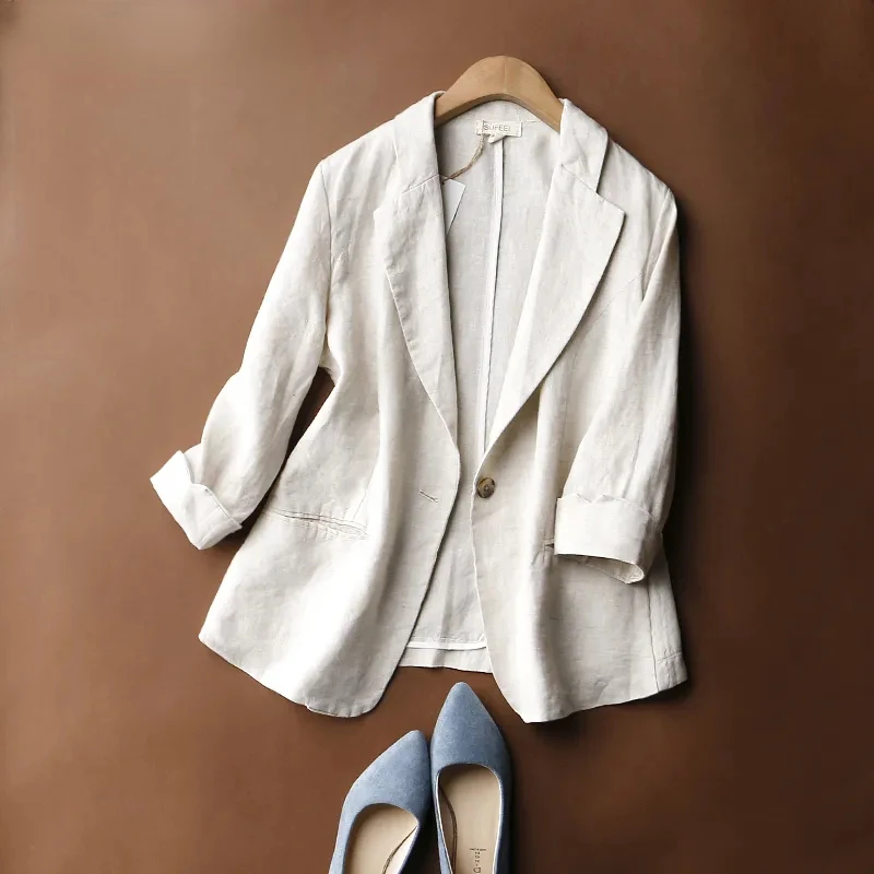 Office White Cotton Linen Thin Blazer Jackets Women Unlined Basic Formal Slim Coats Elegant Casual Summer Lapel Outwear New 2022
Office White Cotton Linen Thin Blazer Jackets Women Unlined Basic Formal Slim Coats Elegant Casual Summer Lapel Outwear New 2022