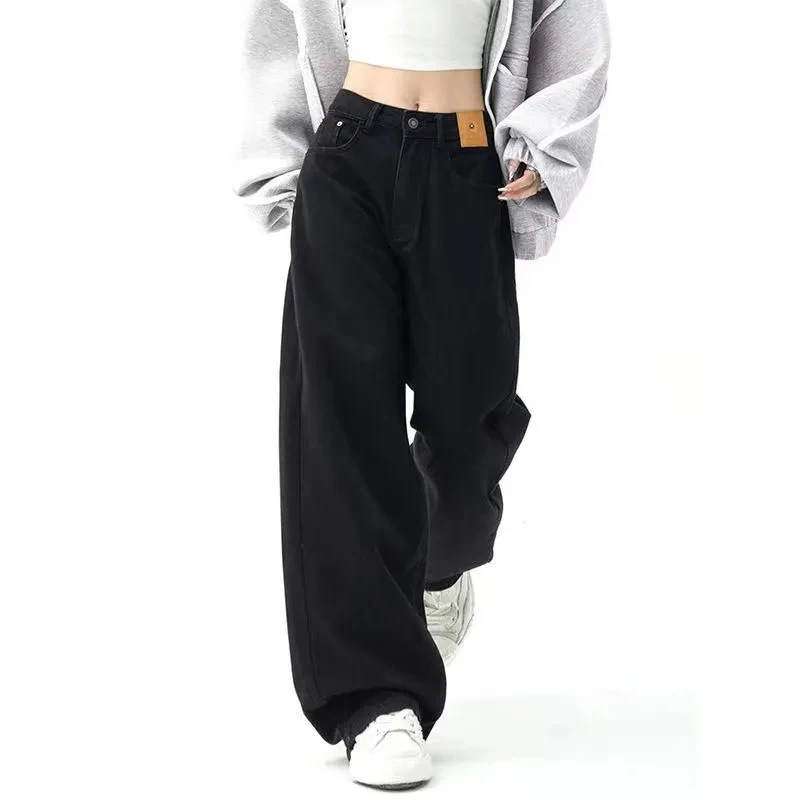 

Черные Мешковатые прямые джинсы Gidyq Y2K, женские корейские модные брюки в стиле High Street с широкими штанинами, Женские однотонные джинсовые брюки в стиле хип-хоп с высокой талией