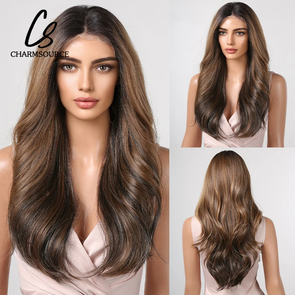 

CharmSource 13*4 Synthetic Lace Wig Brown Ombre Lace Front Wigs Long Wavy with Dark Root Wigs for Women Daily Cosplay Glueless