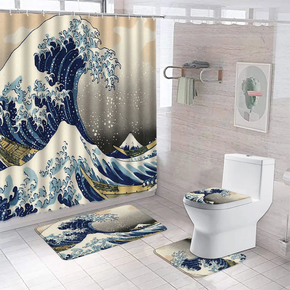 Japan Great Wave Print Shower Curtain Set Asian Art Painting Fabric Bathroom Curtain Non-Slip Bath Rug Toilet Lid Cover Foot Mat
Japan Great Wave Print Shower Curtain Set Asian Art Painting Fabric Bathroom Curtain Non-Slip Bath Rug Toilet Lid Cover Foot Mat