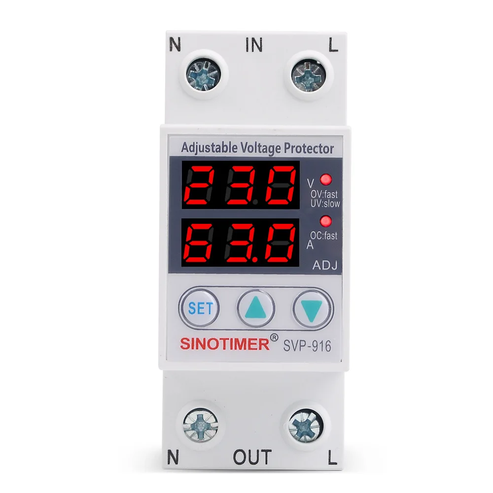 

SVP-916 40A 63A 80A Over Under Voltage Protection Limit Current Dual Display Surge Protector Automatic Adjustable Voltage Relay