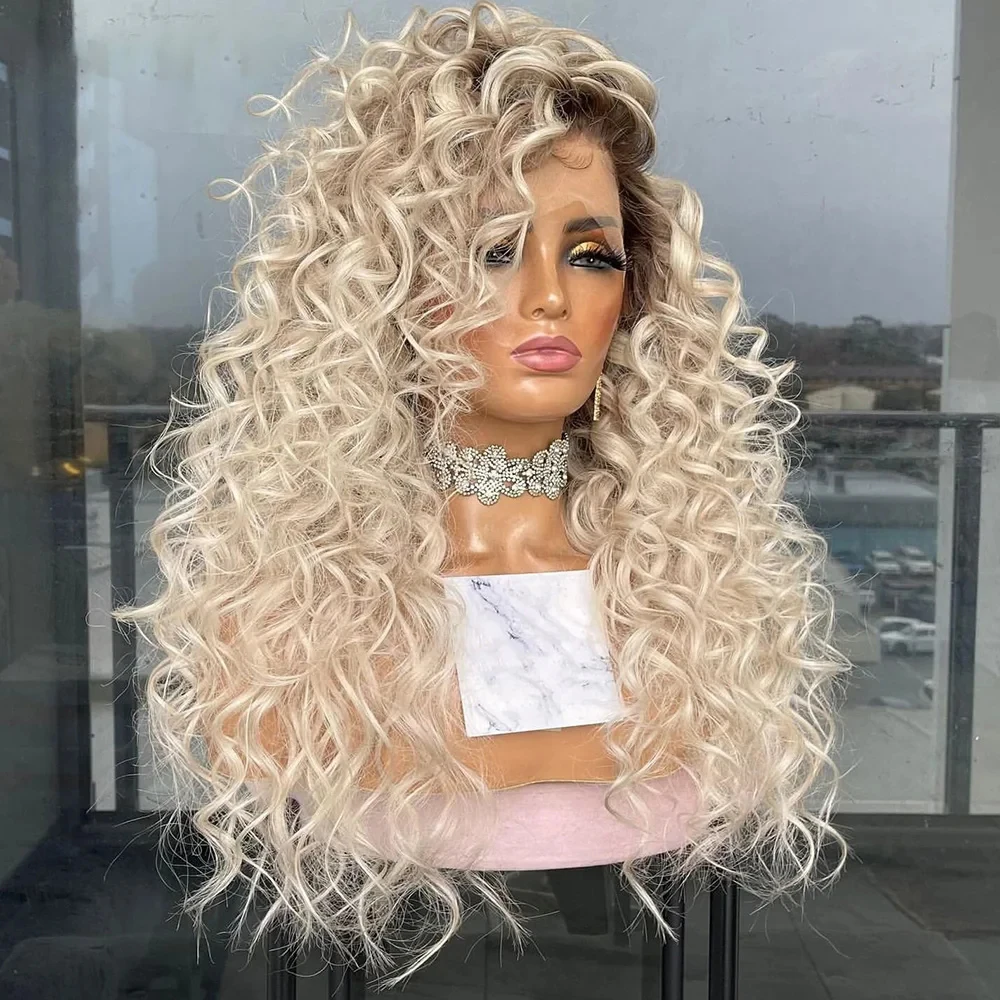 

MXWIGS Highlights Curly Blonde Ombre Synthetic Hair Lace Front Wigs with Middle Part Hairline Long Wave Wigs Daily Wigs