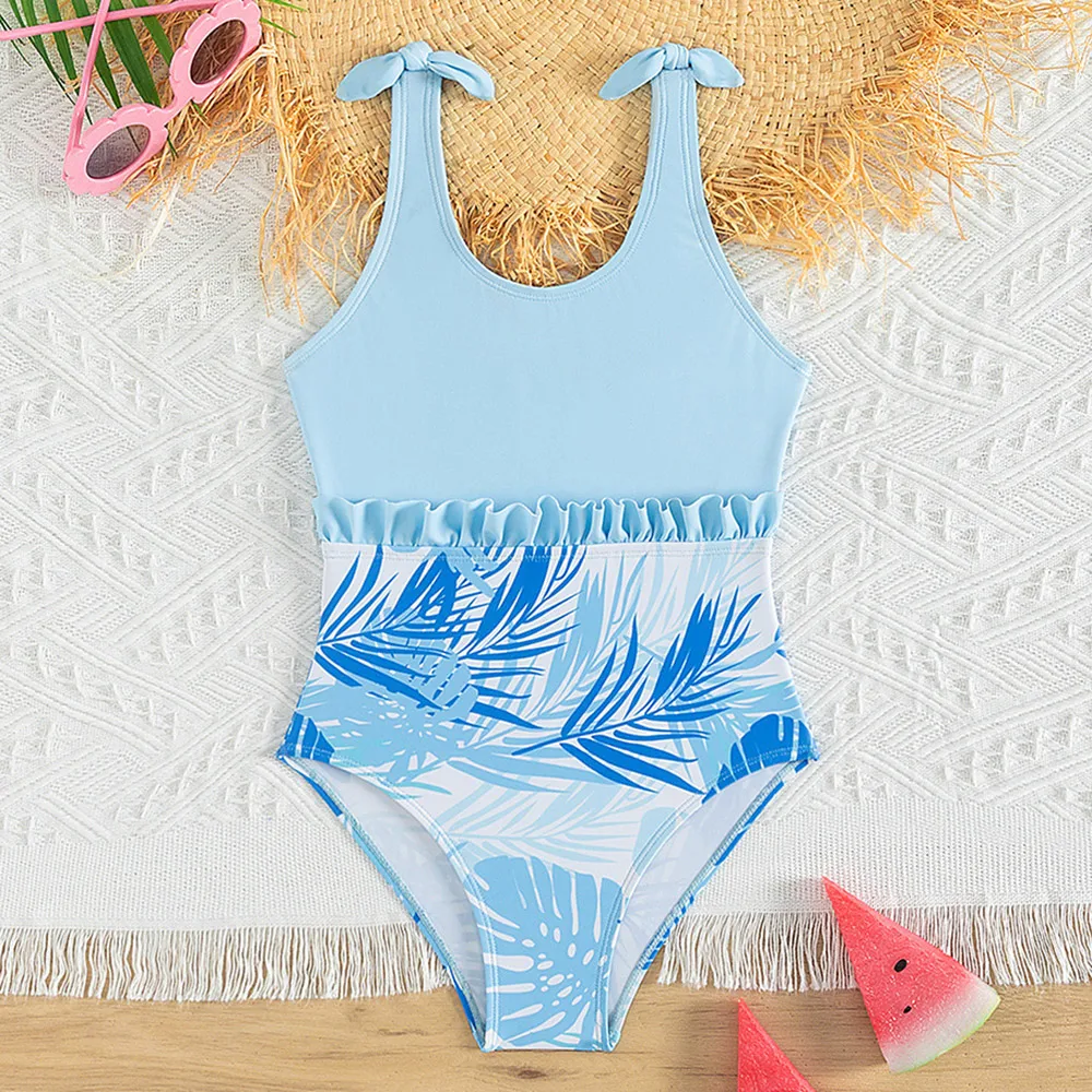 

Girls Tropical Leaf Print One Piece Swimsuit Frill Trim Children's Swimwear 5-14 Years Bowknot Shoulder Bathing Suit Beachwear