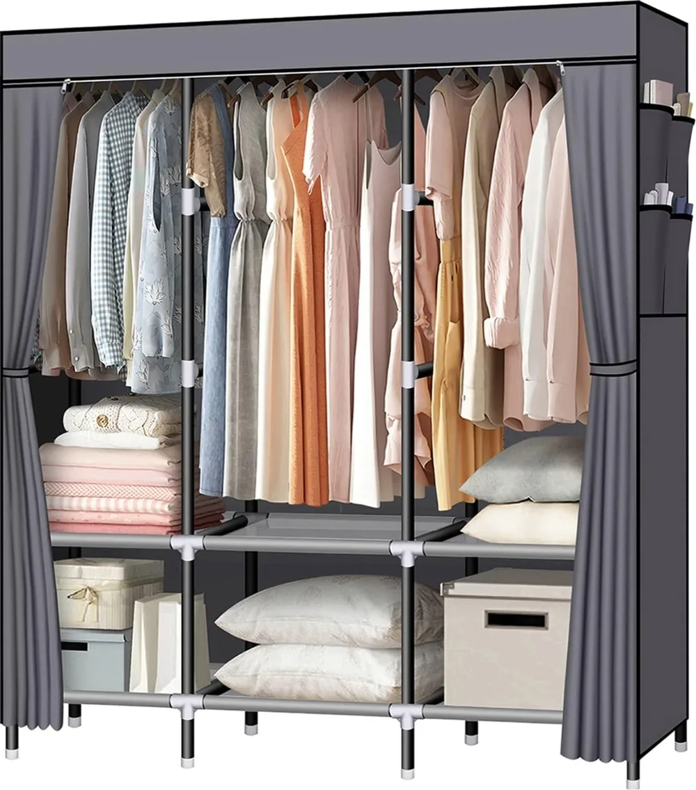 

LOKEME Portable Closet, 61-Inch Portable Wardrobe with 3 Hanging Rods and 6 Storage Shelves, Non-Woven Fabric, Stable and Easy
