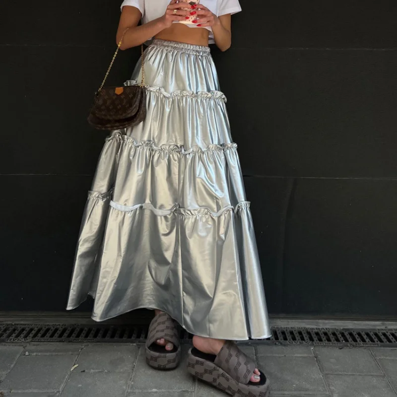 

Новинка Осенняя стильная женская одежда нишевой дизайн серебристый металл высокая талия средней длины торт плинтус