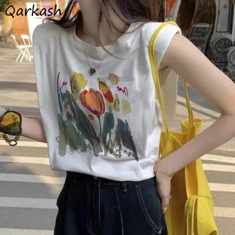 

T-shirts Women Casual Loose Tops Print Chic American Retro Sleeveless Cool Trendy Streetwear All-match Teens Summer Basic Tender