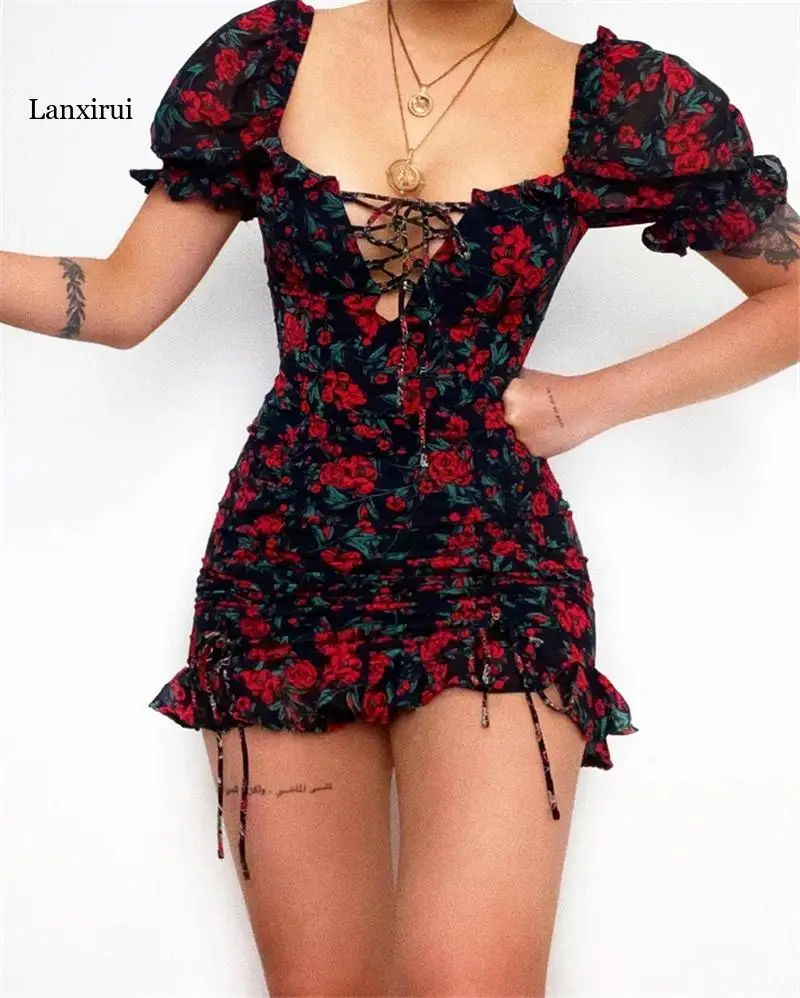 

New 2022 Vintage Floral Puff Sleeve Short Ruffles Dress Summer Women Ladies Lace-up Front Square Collar Ruched Dress