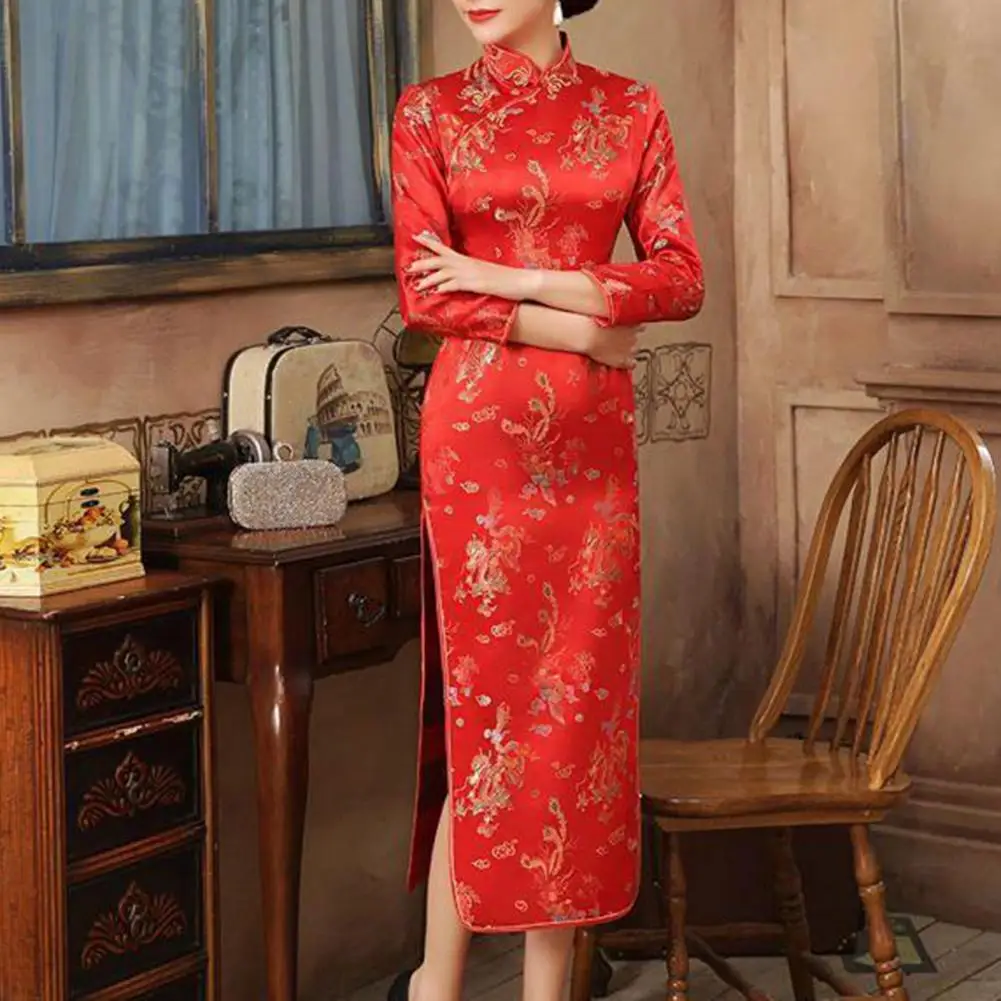 Women Classic Chinese Dress Chinese Style Vintage Flower Print Stand Collar Long Sleeve Side Split Ankle Length Maxi Dress Qipao
Women Classic Chinese Dress Chinese Style Vintage Flower Print Stand Collar Long Sleeve Side Split Ankle Length Maxi Dress Qipao