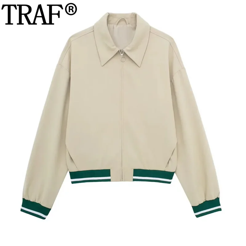 

TRAF 2024 Cropped Jacket For Women Spring Long Sleeve Zipper Bomber Jacket Coat Streetwear Loose Demi-Season Jacket Outwear