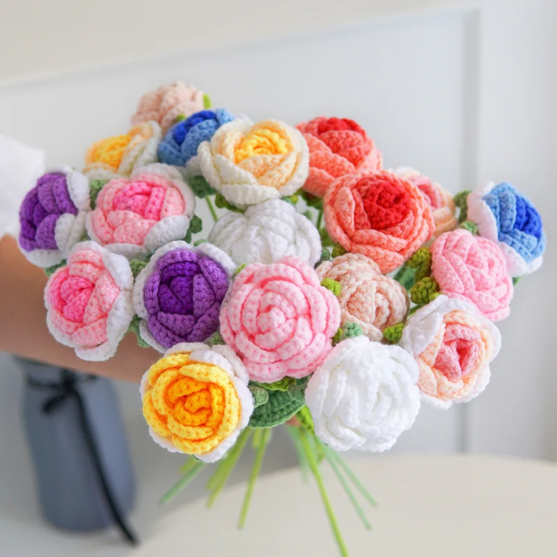

DIY Knitting Bouquet Rose Tulip Flower Bouquet Sunflower Hand-knitted Wedding Party Knit Flower Home Decor Crochet Dried Flowers
