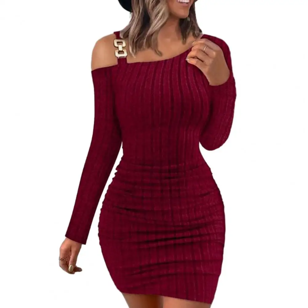 

Women Fall Dress Knitted One Shoulder Skinny Elastic Oblique Neck Solid Tight Waist Anti-shrink Long Sleeve Mini Sheath Dress