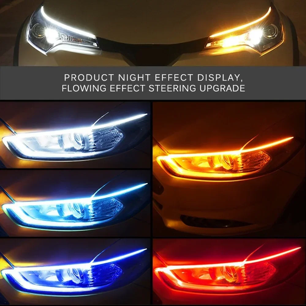 

2pcs 12V LED DRL Car Daytime Running Light Flexible Waterproof Flow DRL LED Strip Auto Headlights White Turn Signal Lamp Yellow