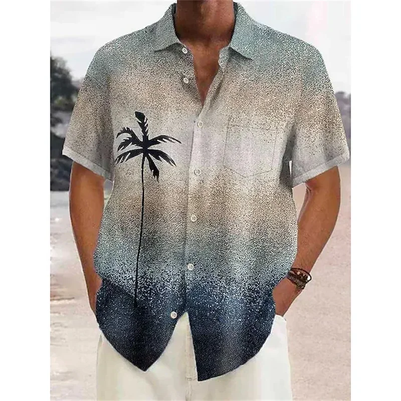 

New Hawaiian shirt men's street shirt holiday casual short sleeve Harajuku coconut tree printed lapel men's oversized T-shirt