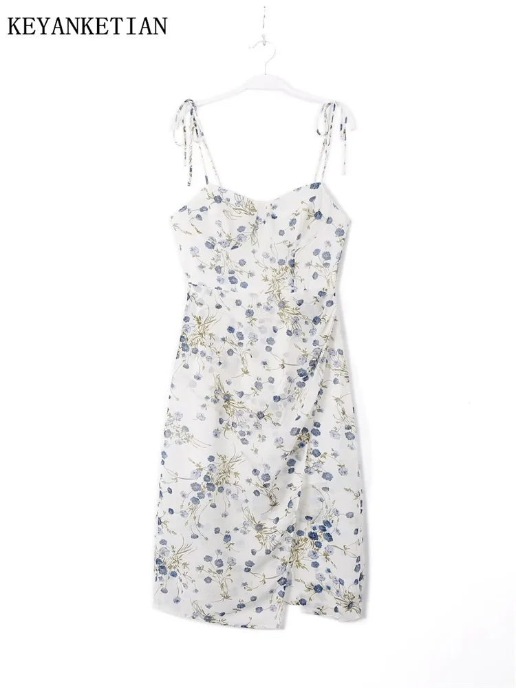 

KEYANKETIAN Summer New Women's Garden Print Sling Dress French Style Asymmetrical Skirt Slit High Waist Sleeveless Dress MIDI