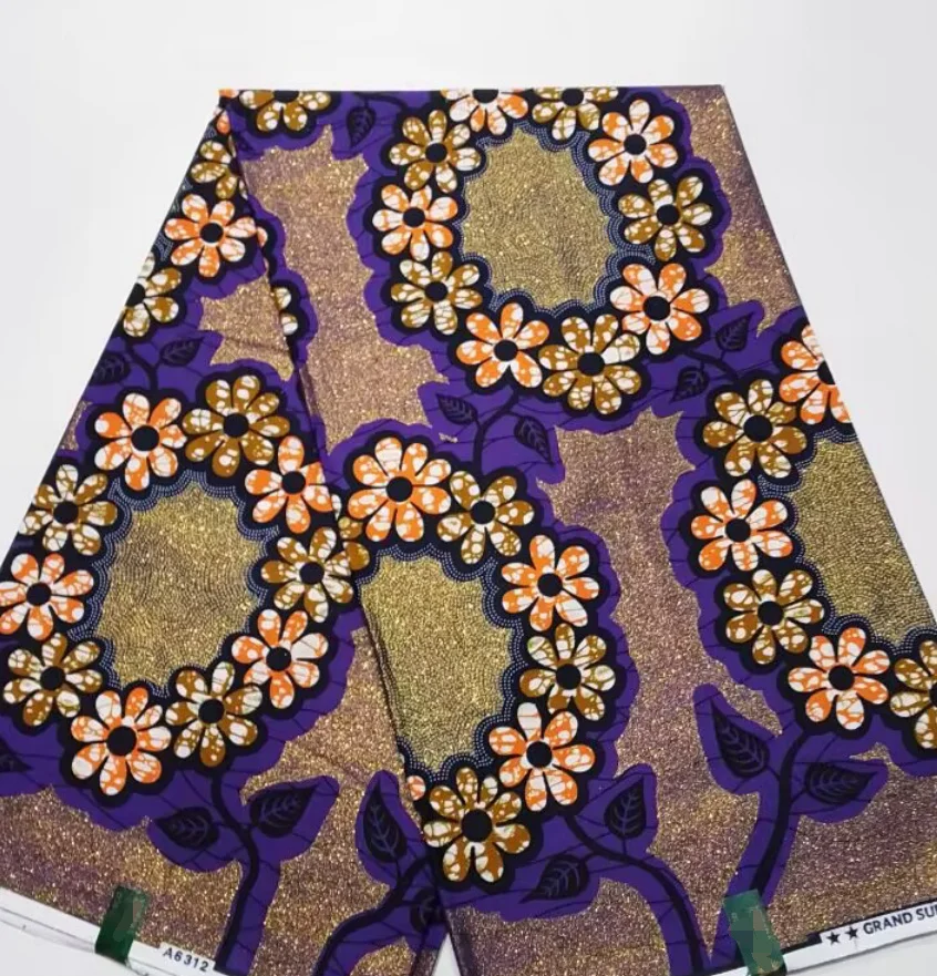 

Африканская Великолепная ткань из натурального воска, ткань Анкара батик, 6 ярдов, блестящая золотисто-розовая ткань хорошего качества, блестящая для шитья, свадебное платье