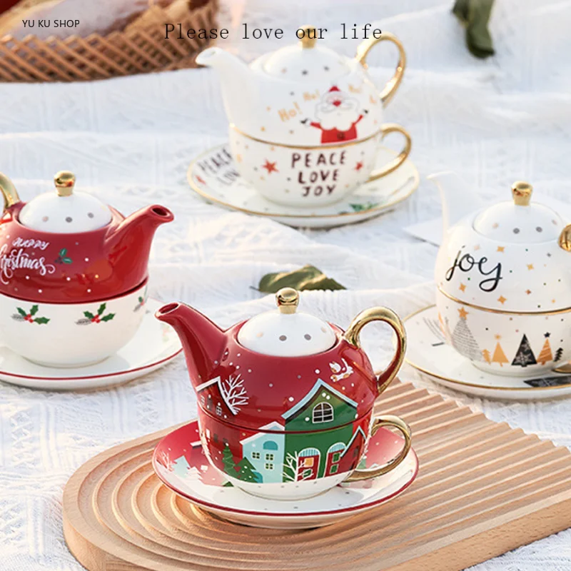 

European Christmas Ceramic Cup Saucer English Pot Tea Set Porcelain Teapot Teacup Coffee Cup Dish Mug Gift Coffeeware Tableware