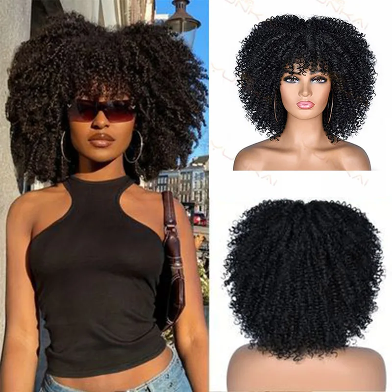 

Short Afro Kinky Curly Wig With Bangs For Black Women Ombre Synthetic Black Blonde Brown Cosplay Wigs Heat Resistant Hair Wigs