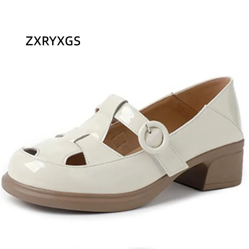 

ZXRYXGS Cowhide Lacquer Leather Woven Round Toe Roman Sandals 2024 New Summer Women's Sandals Casual Thick Mid Heels Large Size