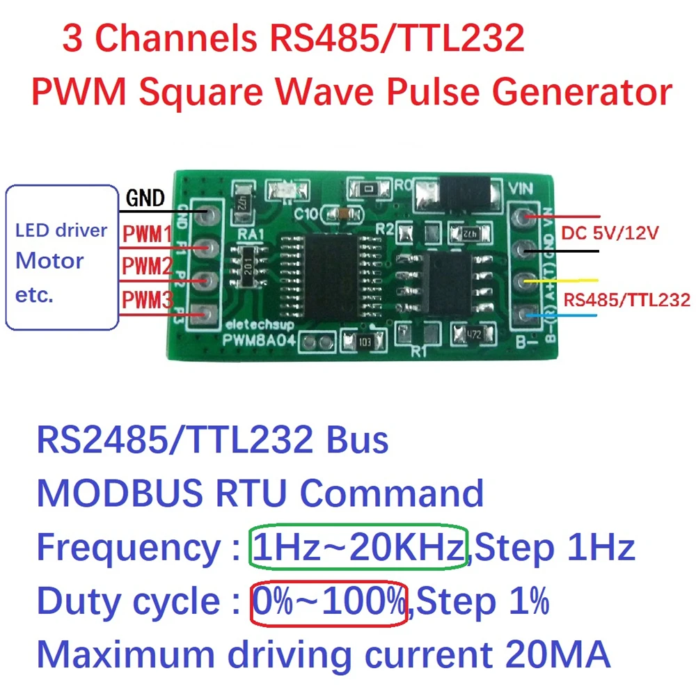 3Ch 1Hz-20kHz Duty Cycle Frequency Adjustable PWM Square Wave Pulse Generator UART RS232 RS485 Bus Modbus RTU Board
3Ch 1Hz-20kHz Duty Cycle Frequency Adjustable PWM Square Wave Pulse Generator UART RS232 RS485 Bus Modbus RTU Board