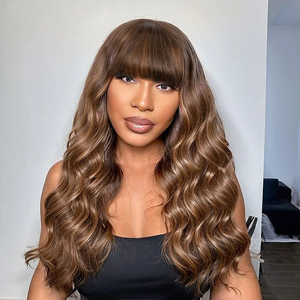 

Trueme 180D Highlight Brown Body Wave Wig Human Hair Wig With Bangs Wear To Go Ombre Blonde Brazilian Human Hair Wigs For Women