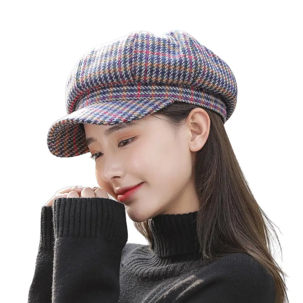 

2023 New Thousand-bird lattice Beret Caps Lady Woolen Korean Fashion Suncaps Women Japanese Warm British Navy Octagonal Hats