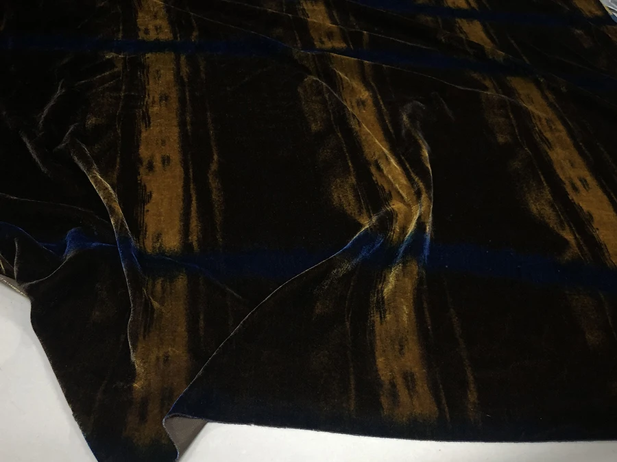 

Real Silk Gold Velvet Fashion Designer Cloth Coffee Color Yellow and Blue Stripes Non-Inverted Fabric Dress Cheongsam