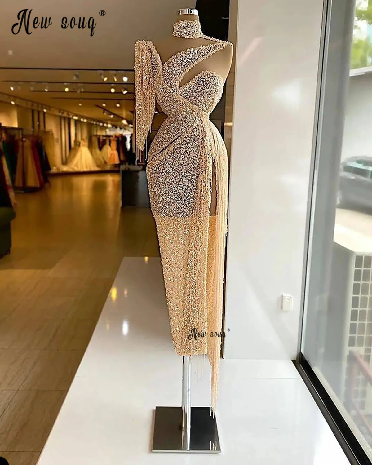One Shoulder Tea Length Champagne Luxury Prom Gown Beading Tassel Side Slit Party Dresses Customized Arabic Robes De Soirée
One Shoulder Tea Length Champagne Luxury Prom Gown Beading Tassel Side Slit Party Dresses Customized Arabic Robes De Soirée
