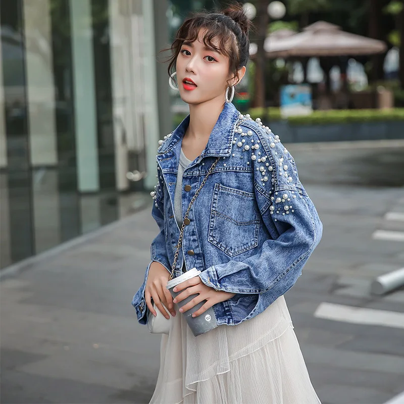 

Fashion Diamonds Denim Jacket Women Loose Short Outwear 2024 Spring Autumn Street Indie Aesthetic Lapel Beading Cowboy Jackets