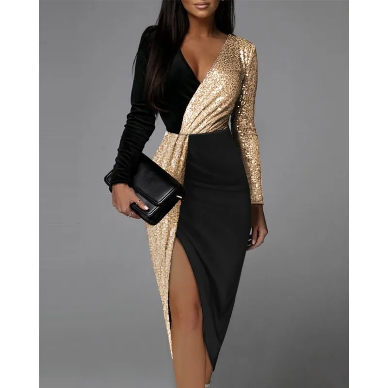 

Sexy Long Sleeve V Neck Slit Evening Graduation Dress Lady Corset Night Clubwear Sequins Cocktail Party Dress for Women 2023